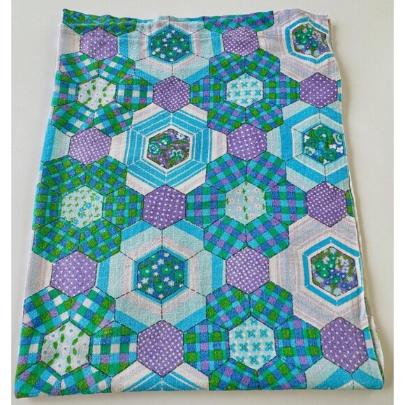 Vintage 70s curtain, blue, green purple faux patchwork, abstract floral panel - Picture 6 of 9